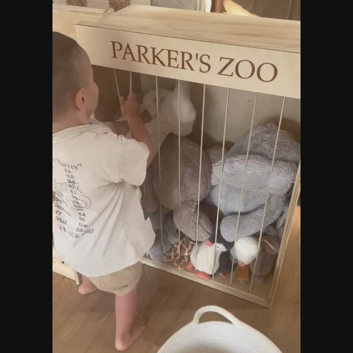 Load video: Children&#39;s Teddy Soft Toy Zoo Wooden Storage